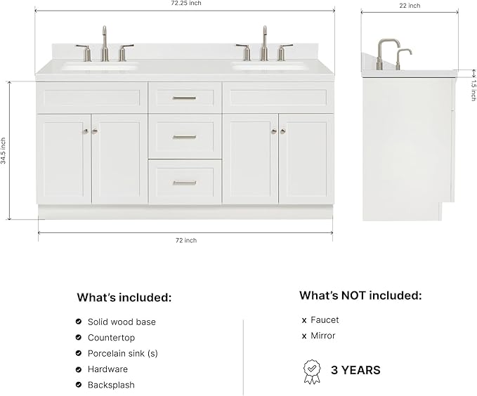 DKB Bradford 72 Inch Bathroom Vanity Double Sink — White Bathroom Vanity with Sink, 1.5" Edge Carrara White Countertop & Backsplash, 4 Soft-Close Doors, and 3 Dovetail Drawers