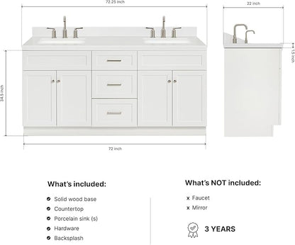 DKB Bradford 72 Inch Bathroom Vanity Double Sink — White Bathroom Vanity with Sink, 1.5" Edge Carrara White Countertop & Backsplash, 4 Soft-Close Doors, and 3 Dovetail Drawers