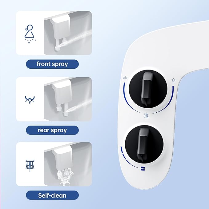 Bidet Attachment for Toilet Seat, Dual Nozzle Rear/Feminine Wash, Self Cleaning Sprayer, Non Electric Bidet with Adjustable Cold Water Pressure