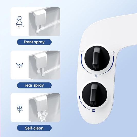 Bidet Attachment for Toilet Seat, Dual Nozzle Rear/Feminine Wash, Self Cleaning Sprayer, Non Electric Bidet with Adjustable Cold Water Pressure
