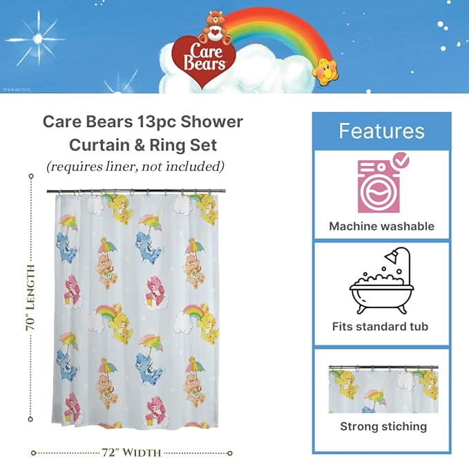 Care Bears 13-Piece Shower Curtain Set, 72 x 72 Inch Fabric Curtain with Hooks, Bathroom Decor, Machine Washable, (100% Officially Licensed Product) by Franco Collectibles