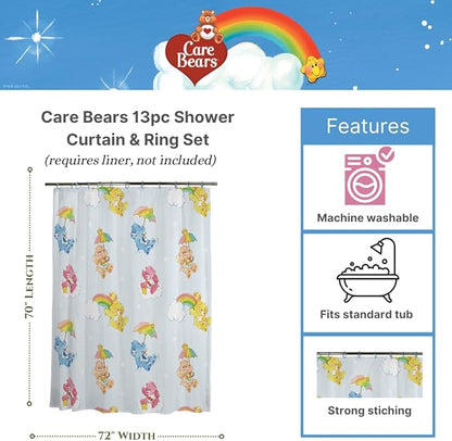 Care Bears 13-Piece Shower Curtain Set, 72 x 72 Inch Fabric Curtain with Hooks, Bathroom Decor, Machine Washable, (100% Officially Licensed Product) by Franco Collectibles