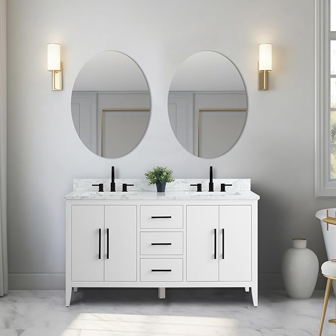 Vanity Art 60 inch Bathroom Vanity with Double Sink & Ceramic Top, Vanity Cabinet with Soft-Closing Doors, Drawers, Solid Wood Frame, White, VA9060-DW-MB1