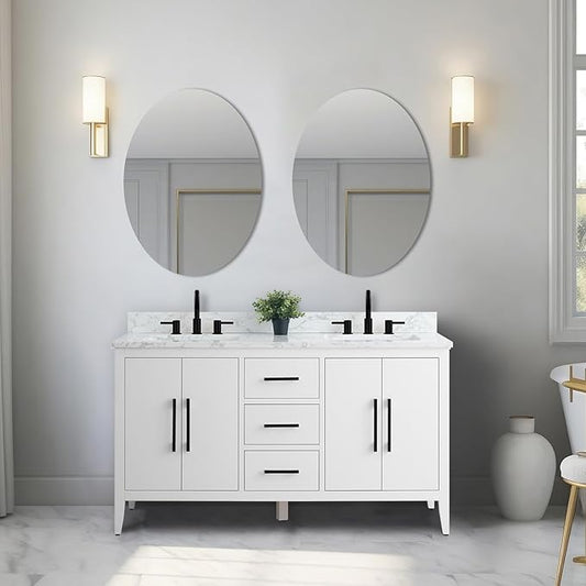 Vanity Art 60 inch Bathroom Vanity with Double Sink & Ceramic Top, Vanity Cabinet with Soft-Closing Doors, Drawers, Solid Wood Frame, White, VA9060-DW-MB1