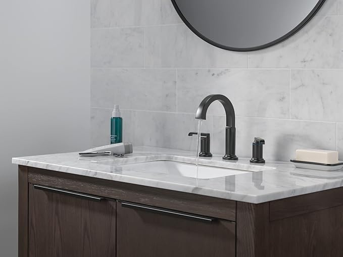 Delta Tetra Matte Black Bathroom Faucet 3 Hole, 8 Inch Widespread Bathroom Sink Faucet for Vanity, Metal Push-Pop Drain Assembly, Matte Black 35588-BL-DST