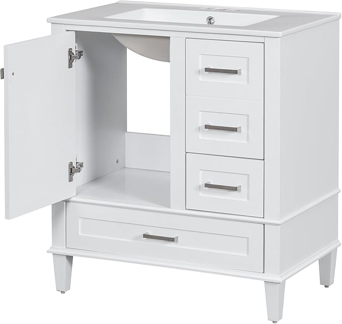 LUMISOL 30 Inch Bathroom Vanity with Sink, Wood Bathroom Storage Cabinet with Soft Closing Door and 3 Drawers, Freestanding Bathroom Vanities with Undermount Ceramic Sink, White