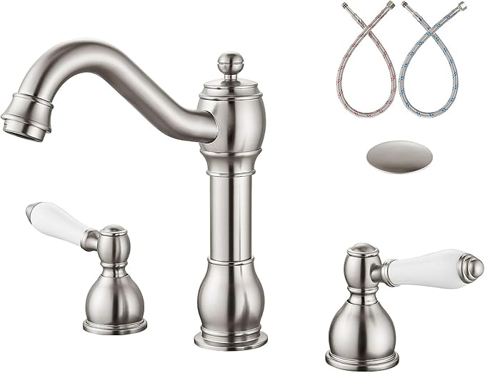 Aolemi 8 Inch Widespread Bathroom Sink Faucet 3 Hole Deck Mount Vanity Basin Mixer Tap with Pop Up Drain Assembly Brushed Nickel Double Ceramic Handle