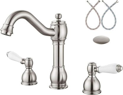 Aolemi 8 Inch Widespread Bathroom Sink Faucet 3 Hole Deck Mount Vanity Basin Mixer Tap with Pop Up Drain Assembly Brushed Nickel Double Ceramic Handle