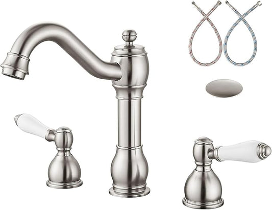 Aolemi 8 Inch Widespread Bathroom Sink Faucet 3 Hole Deck Mount Vanity Basin Mixer Tap with Pop Up Drain Assembly Brushed Nickel Double Ceramic Handle