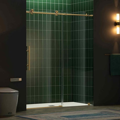 Woodbridge 56-60" W x 80" H Frameless Single Sliding Shower Door with Tempered Glass & Explosion Proof Film in Brushed Gold Finish