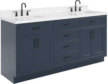 ARIEL Hepburn 72-inch Bathroom Vanity with Sink,Solid Wood, 1.5-inch Carrara White Quartz Countertop, Double Rectangular Porcelain Sink, 4 Soft Closing Doors, 6 Dovetail Drawers, Midnight Blue