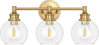 Bathroom Light Fixtures, 3-Light Brushed Gold Vanity Light Globe Glass Shades, Bathroom Lighting Fixtures Over Mirror, Wall Sconces for Master Bathroom, Guest Bathroom, Powder Room, 20-inch
