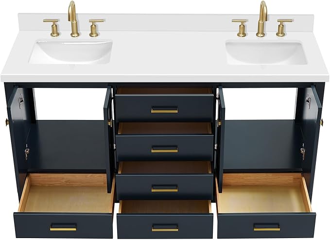 ARIEL Cambridge 66-inch Bathroom Vanity with Sink,Solid Wood, 1.5-inch Pure White Quartz Countertop, Double Rectangular Porcelain Sink, 4 Soft Closing Doors, 6 Dovetail Drawers, Midnight Blue