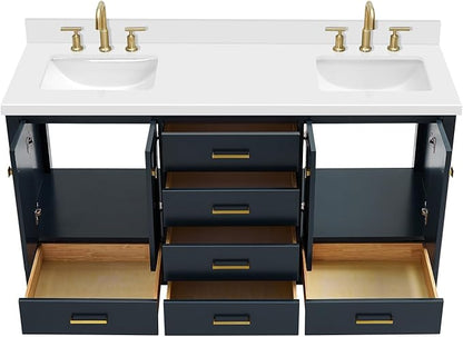 ARIEL Cambridge 66-inch Bathroom Vanity with Sink,Solid Wood, 1.5-inch Pure White Quartz Countertop, Double Rectangular Porcelain Sink, 4 Soft Closing Doors, 6 Dovetail Drawers, Midnight Blue
