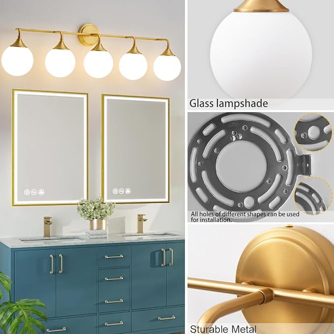 Brushed Gold Bathroom Light Fixtures Over Mirror Vanity 5-Light | Mid Century Modern Brushed Gold Wall Sconce with Milky White Glass Ball Shades for for Bathroom Dressing Table Bedroom