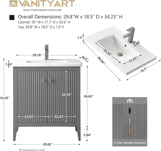 Vanity Art 30 inch Bathroom Vanity with Single Sink & Ceramic Top, Vanity Cabinet with Soft-Closing Door, Solid Wood Frame, Linear Pattern, Cashmere Gray, Golden Brushed Handware VA9130-G-GB