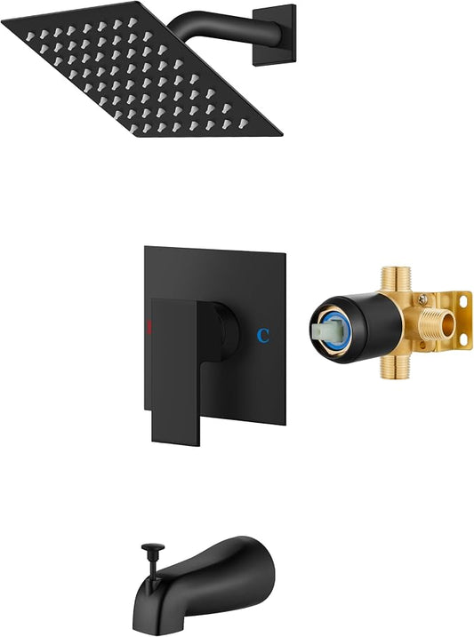 Airuida 6 Inch Shower Faucet Set,Bathtub Faucet Kit,Matte Black | Shower Tub Faucet Set,Male Threads Rough-In Valve,Square Head Shower System