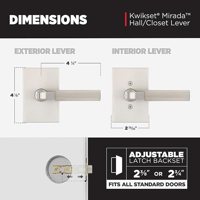 Kwikset Mirada Reeded Interior Passage Door Handle, Lever for Closet and Hallway Doors, Reversible Non-Locking Handle Lever, Satin Nickel, with Microban Protection