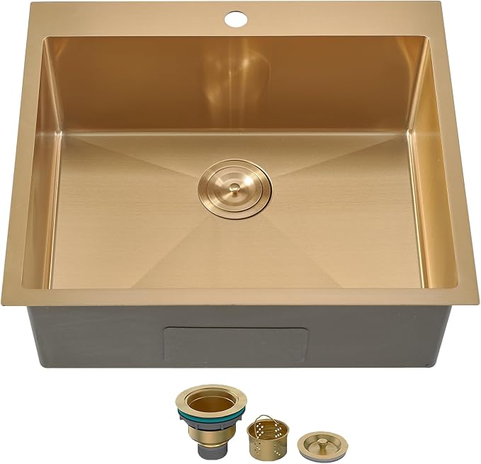 25x22 Gold Kitchen Sink, 25 Inch Drop In Gold RV Laundry Utility Sink, Top Mount 16 Gauge Stainless Steel Single Bowl 8 Inch Deep Small Kitchen Sink