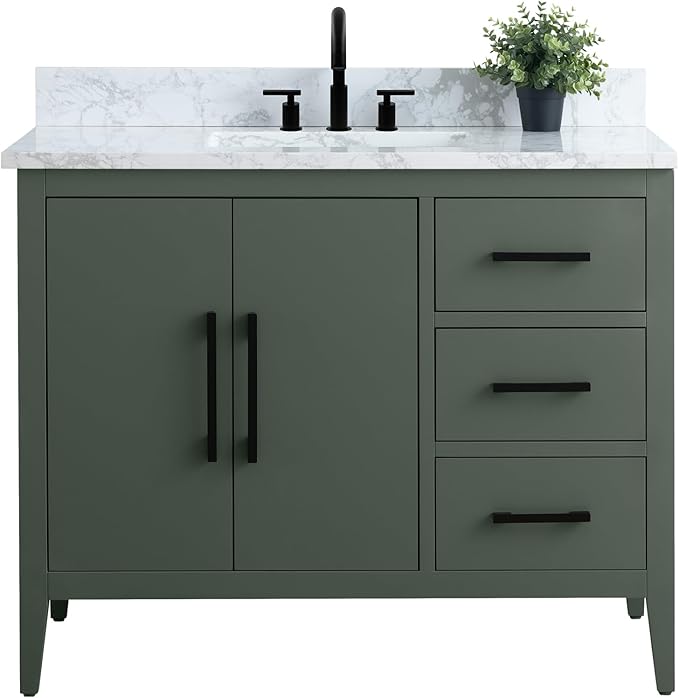 HomeBeyond 42 Inch Bathroom Vanity with Sink & Ceramic Top, Single Vanity Cabinet with Basin, Soft-Closing Doors & Matte Black Hardware, Vintage Green
