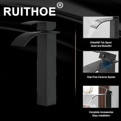 Vessel Sink Faucet Waterfall Bathroom Faucet Matte Black Stainless Steel Tall Single Handle One Hole Deck Mount Bowl Vanity Sink Faucet with Pop-up Drain Stopper