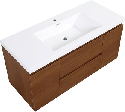 Floating Bathroom Vanity with Sink, 48" Wall-Mounted Bathroom Storage Vanity Cabinet with Resin Top Basin and Soft Close Drawers, No Assembly Required, Honey Gold Walnut