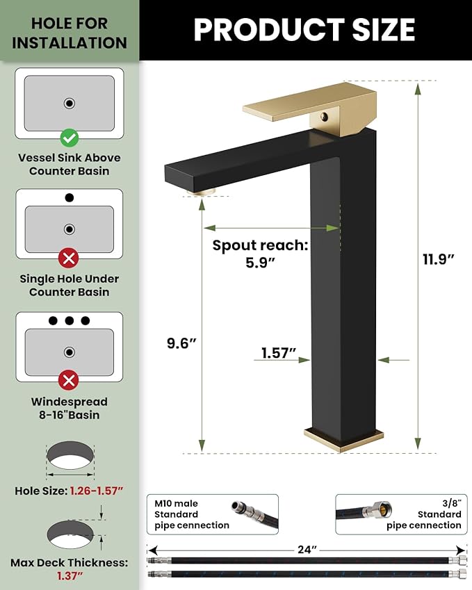 Black and gold faucet with installation guide and dimensions on a white background