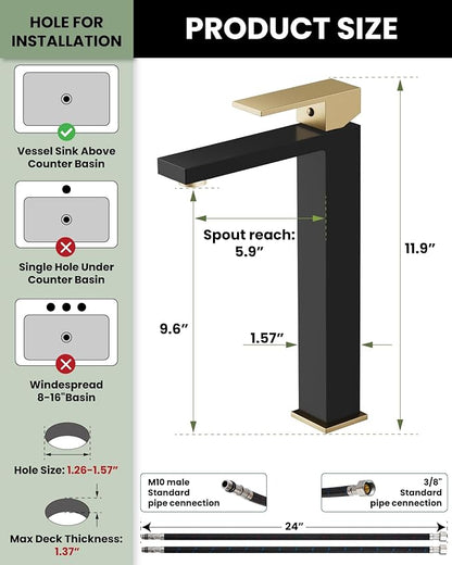 Black and gold faucet with installation guide and dimensions on a white background