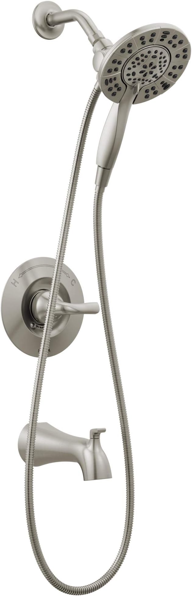 Delta Faucet Arvo 14 Series Single-Handle Tub and Shower Trim Kit, Shower Faucet with 4-Spray In2ition 2-in-1 Dual Hand Held Shower Head with Hose, Spotshield Stainless 144840-SP-I (Valve Included)