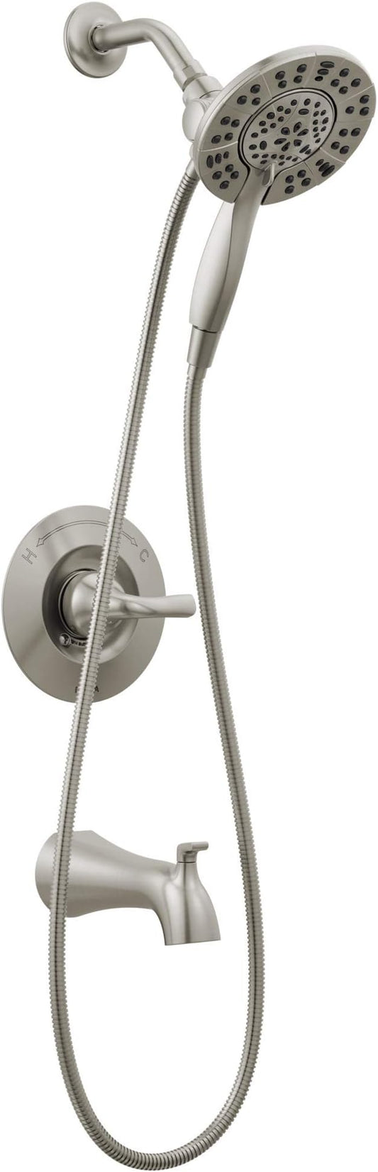 Delta Faucet Arvo 14 Series Single-Handle Tub and Shower Trim Kit, Shower Faucet with 4-Spray In2ition 2-in-1 Dual Hand Held Shower Head with Hose, Spotshield Stainless 144840-SP-I (Valve Included)