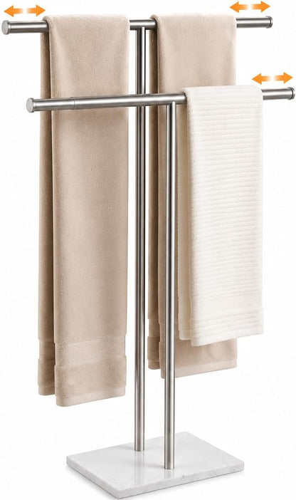 Double T Free Standing Towel Rack, Telescoping Marble Towel Stand | Expandable dual T-bar towel holder for bathroom with heavy marble base, adjustable height rustproof floor stand for pool