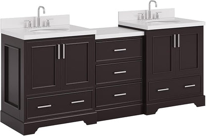 ARIEL Stafford 84-inch Bathroom Vanity with Sink,Solid Wood, 1.5in Pure White Quartz Countertop & Backsplash, Double Oval Porcelain Sink, 4 Soft Closing Doors, 5 Dovetail Drawers, Espresso
