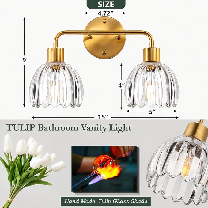 2-Light Gold Brass Bathroom Light Fixture with Clear Tulip Glass Shade,Wall Sconces,Vintage Vanlity Light Over Mirror,Bathroom Wall Light,E26 Socket(Bulbs Not Included)
