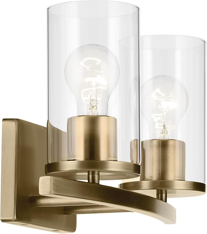 Kichler Crosby 15.25" 2-Light Vanity Light with Clear Glass in Natural Brass, for Bathroom, Powder Room, (15.25" x 8.75"), 45496NBRCLR