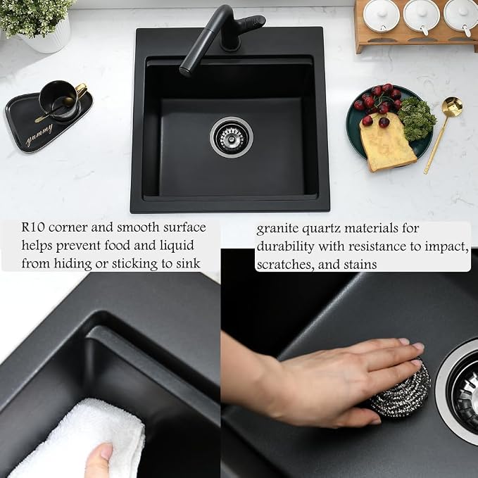 15x15 Black Drop In Bar Sink Workstation,Quartz Outdoor Rv Wet Bar | 15 Inch Single Bowl Small Drop In Kitchen Sinks with Cutting Board,Quartz Composite, Rust-Proof & Easy Clean