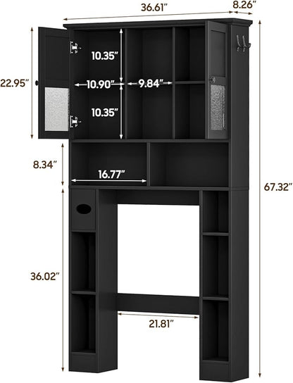Over The Toilet Storage Cabinet, Bathroom Shelf Over Toilet with Hammered Grain Glass Doors and Adjustable Shelves, Freestanding Home Space Save Toilet Rack for Restroom, Bathroom, Laundry (Black)