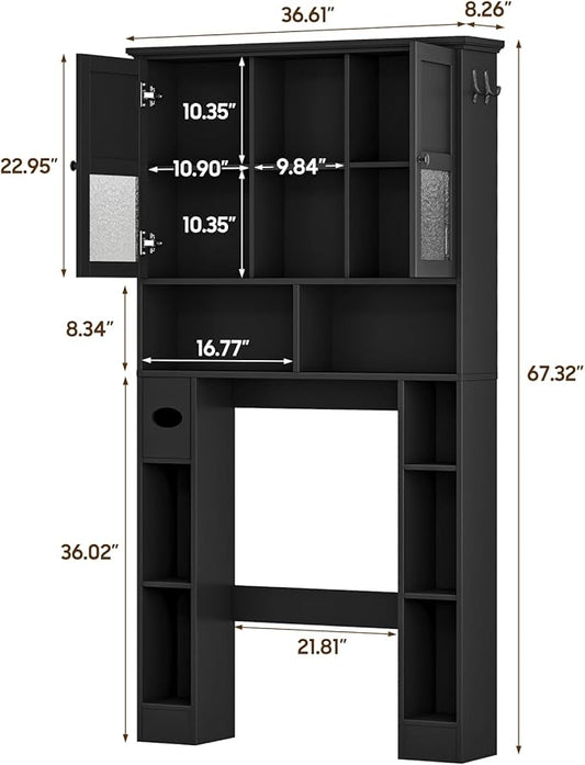 Over The Toilet Storage Cabinet, Bathroom Shelf Over Toilet with Hammered Grain Glass Doors and Adjustable Shelves, Freestanding Home Space Save Toilet Rack for Restroom, Bathroom, Laundry (Black)