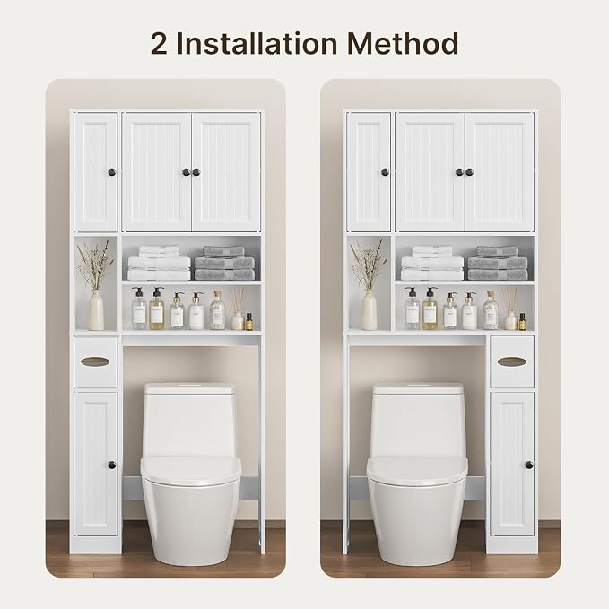 Ahomly Over The Toilet Storage Cabinet, with Five Doors, White | Over Toilet Bathroom Organizer with Adjustable Shelves, Above Toilet Storage Cabinet for Bathroom, Restroom, Laundry