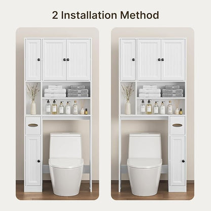 Ahomly Over The Toilet Storage Cabinet, with Five Doors, White | Over Toilet Bathroom Organizer with Adjustable Shelves, Above Toilet Storage Cabinet for Bathroom, Restroom, Laundry