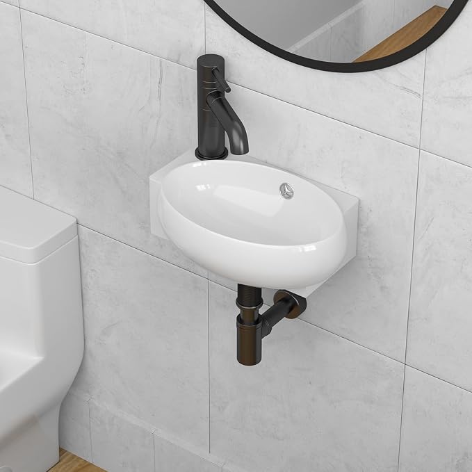 Wall Mount Hung Bathroom Sink 16"x11" Round Modern Vessel Sinks | Bathroom Corner Floating Sink White Porcelain Ceramic Wall Hung Bathroom Vessel Sink for Rvs, Restroom, Toilet