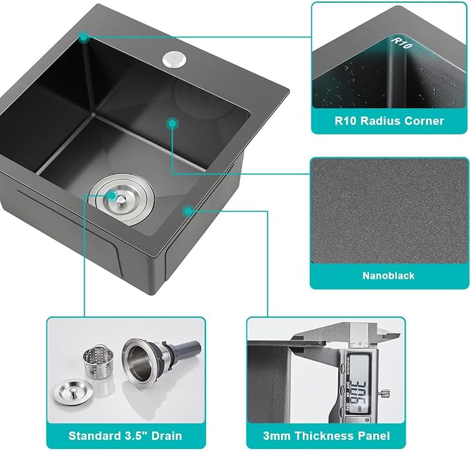 18"x18" Drop in Kitchen Sink, 304 SS Handmade Black Single Bowl | D18"xW18"xH9" Square Topmount Basin Sink 1 Faucet Hole, Handmade Brushed Finish for Bar, Kitchen Prep and RV