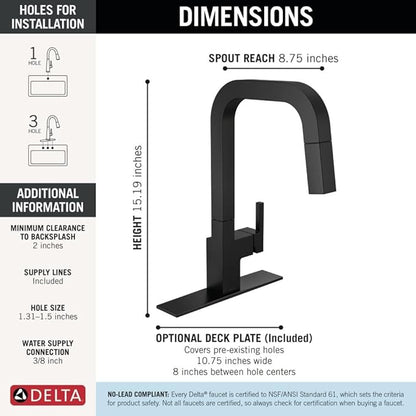 Delta Junction Matte Black Kitchen Faucet with Pull Down Sprayer, Modern Single Hole Kitchen Sink Faucet, Single Handle, Matte Black 19825LF-BL