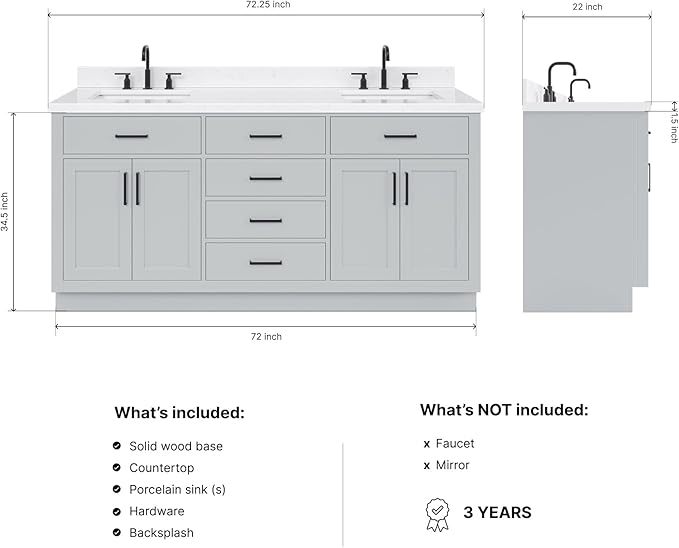 ARIEL Hepburn 72-inch Bathroom Vanity with Sink,Solid Wood, 1.5-inch Carrara White Quartz Countertop & Backsplash, Double Rectangular Porcelain Sink, 4 Soft Closing Doors, 6 Dovetail Drawers, Grey