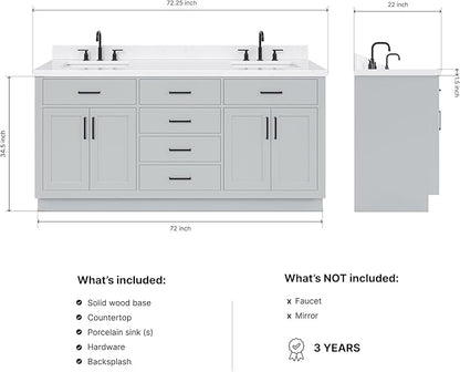ARIEL Hepburn 72-inch Bathroom Vanity with Sink,Solid Wood, 1.5-inch Carrara White Quartz Countertop & Backsplash, Double Rectangular Porcelain Sink, 4 Soft Closing Doors, 6 Dovetail Drawers, Grey