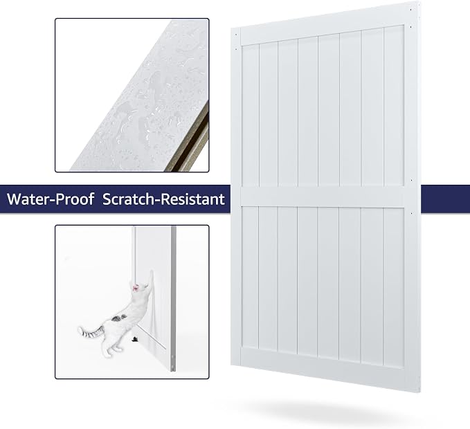 54in x 84in MDF Sliding Barn Door with 9ft Barn Door Hardware Kit & Handle | White Solid Barn Door Slab Covered with Water-Proof PVC Surface, Pre-Drilled Holes Easy Assembly, H-Frame