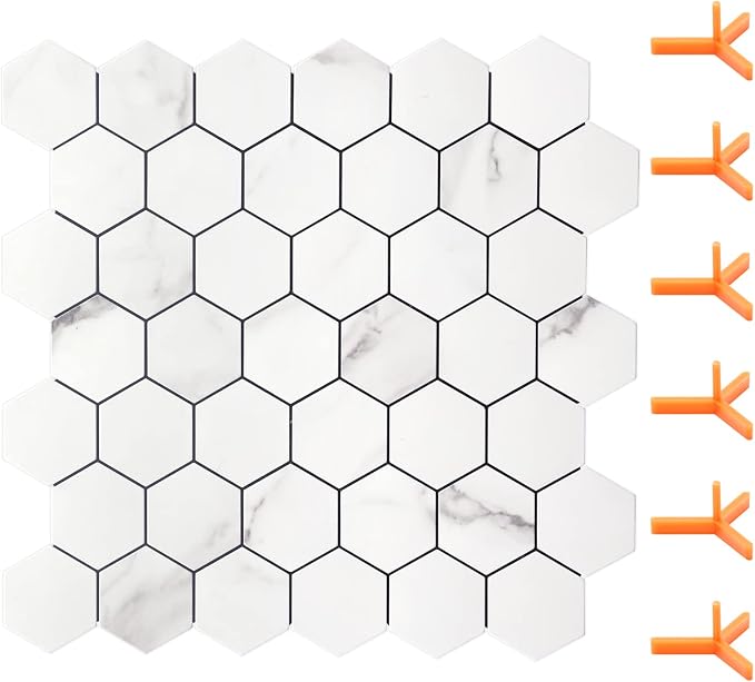 STICKGOO Peel and Stick Backsplash for Kitchen, Self-Adhesive Tile Hexagon Mosaic Tiles (10 Sheets, White Marble )