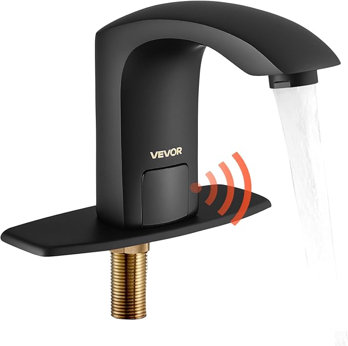VEVOR Touchless Bathroom Sink Faucet, Automatic Motion Sensor Restroom Toilet Faucet with Hole Cover Plate, Battery Operated,Adjustable Temperature for 9/16 in Pipe Commercial Lavatory,Matte Black