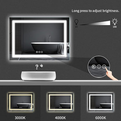 LED Bathroom Mirror 48"X32" with Front Light and Backlit | Stepless Dimmable, Anti-Fog, Shatter-Proof, HD Reflection, Memory, 3 Colors Lighting, UL Listed (Horizontal/Vertical).