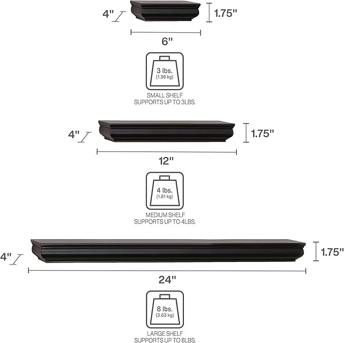 MELANNCO Floating Molding Shelves for Bedroom, Living Room, Bathroom, Kitchen, Nursery, Set of 5, Black