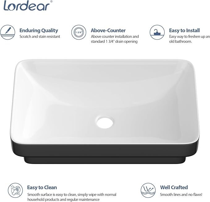 Lordear Vessel Sink Rectangle 19 Inch Bathroom Sinks 19"x12" Inch Semi Recessed Sink 5'' Deep Rectangular White Ceramic Modern Vanity Sink Bath Wash Above Counter Basin